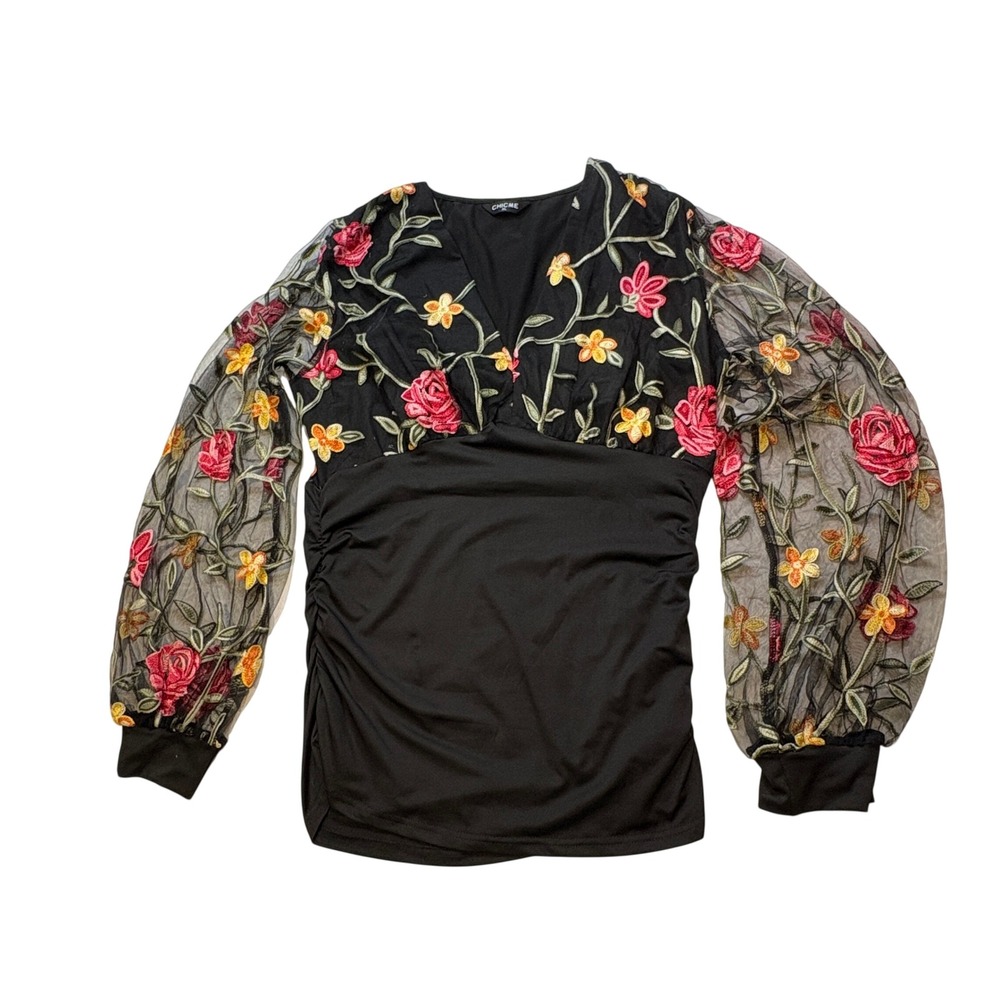 CHICME Floral Embroidered Mesh Sleeve Top Women XL Black Ruched V-Neck LZR17517Z